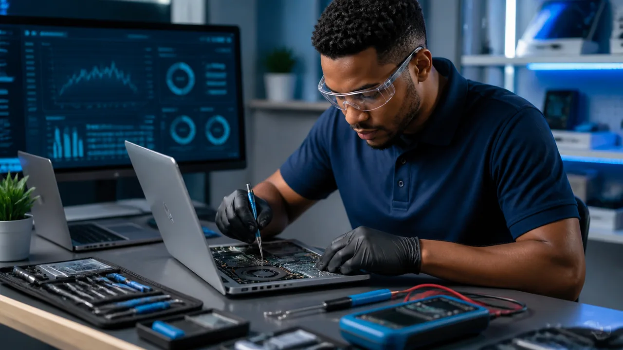 Technician repairing a laptop at a diagnostic bench