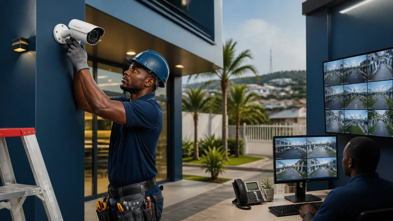 Technician installing a CCTV security camera with monitoring screens