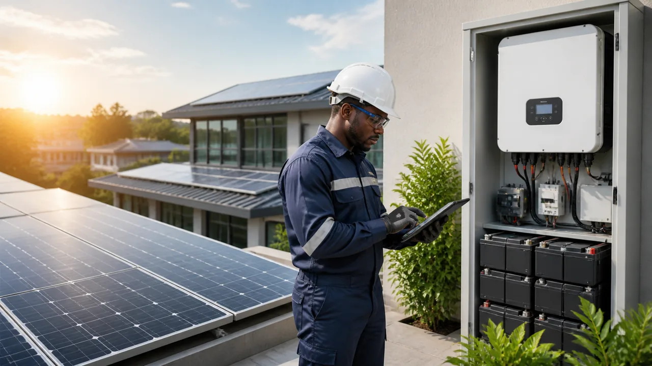 Technician checking solar panels, inverter, and battery system