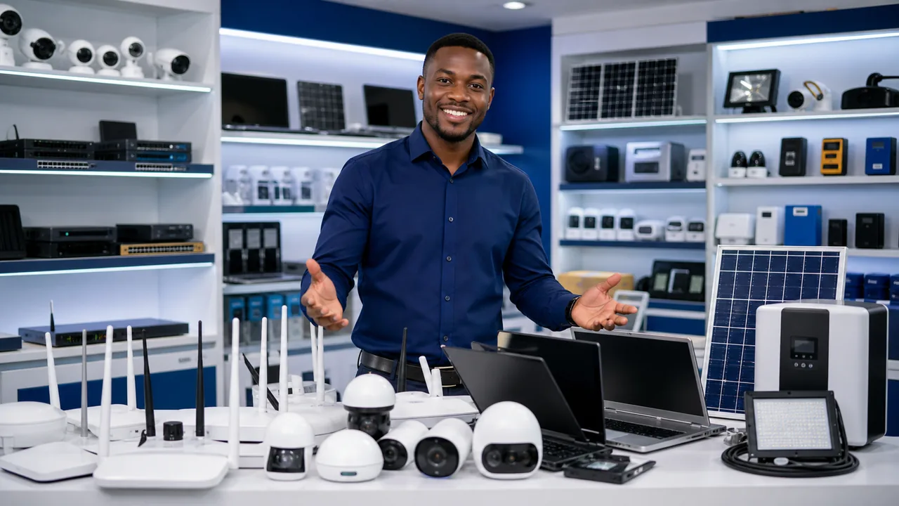 Technology showroom with routers, cameras, solar equipment, and computers